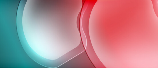 Abstract fluid shapes blend, creating vibrant teal, white, red gradients. Smooth curves suggest motion, depth. Minimalist design.