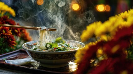 Steaming Pho noodles with fresh herbs on lacquer tray, representing Vietnam's inviting National Day cuisine.