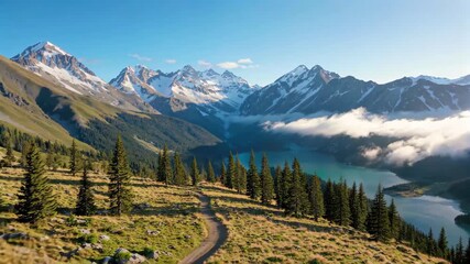 mountains with snow capped peaks and a trail in the foreground - Powered by Adobe
