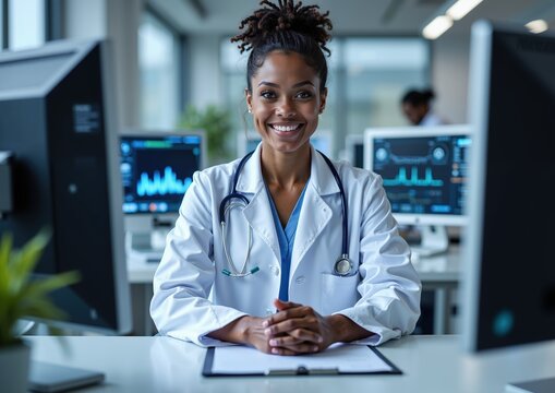 Smiling african female doctor in modern office with medical equipment and technology
