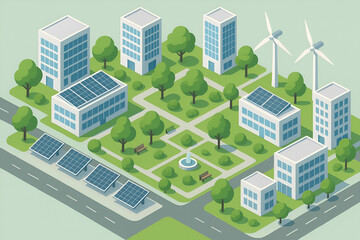 Isometric Eco-Friendly City with Solar Panels and Green Architecture