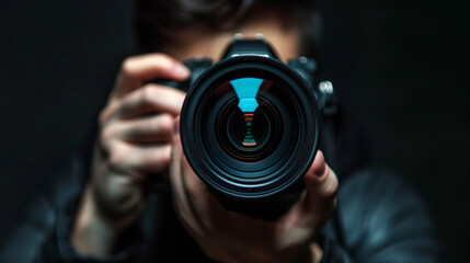 Fototapeta premium Nature photographer capturing wildlife with DSLR camera surrounded by lush tropical foliage