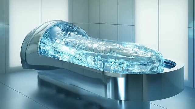 Cryogenic sleep chamber with encased figure.