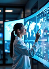 Female scientist interacting with digital world map display in high-tech laboratory