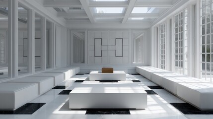 Fototapeta premium Bold monochrome room with alternating white and black geometric decor natural sunlight streaming across the floor with accurate soft