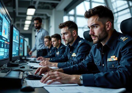 Team of young caucasian male officers analyzing data on large screens in a contemporary control room