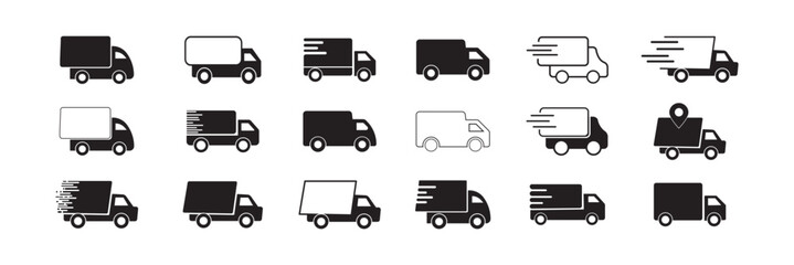 Delivery truck icon set. Fast shipping free online delivery service. Express delivery trucks icons. Fast shipping truck. Free delivery 24 hours. Delivery Icon vector isolated on white background.