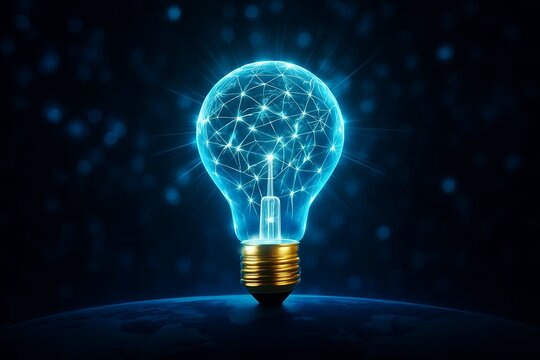 Glowing blue neural network light bulb on a dark background with bokeh effect symbolizing global innovation and bright ideas