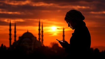 Silhouette woman headscarf smartphone sunset mosque minaret vibrant orange sky peaceful warm contemplative mood background scene - Powered by Adobe