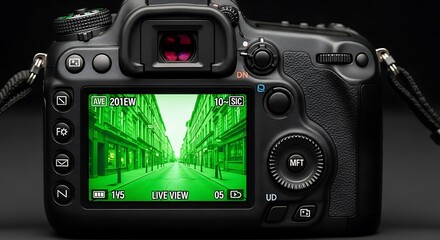 Close-up of a DSLR Camera Displaying a Green Live View of an Urban Street.