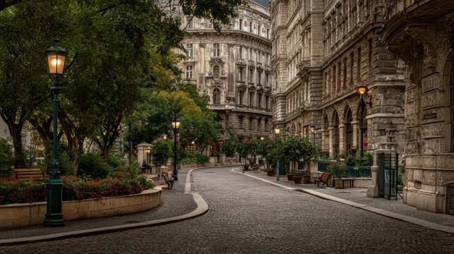 Fototapeta serene view of empty streets in european capital city showcasing stunning architecture and charming details