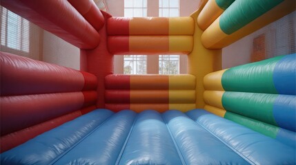 Bouncy house indoor space with bright padded walls rainbow palette side-lit bounce shadows realistic rubber texture and subtle motion