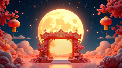 Night themed Mooncake festival banner illustration. Chinese arch with full moon and starry night as background for Autumn festival