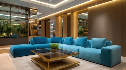Bright cyan velvet sectional facing a low glass coffee table with golden frame ambient rim lighting from recessed strips