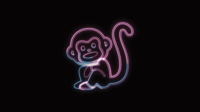  Monkey Icon Neon Seamless Loop 4K with Black Background Animated Promotional Typography for Video Editing
