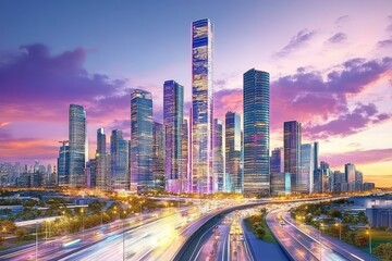 Naklejka premium A vibrant cityscape at twilight with illuminated skyscrapers and a busy highway.