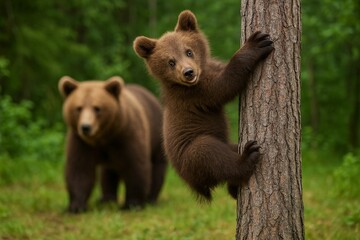 Fototapeta premium brown bear cub climbing tree, playful pose, mother in background