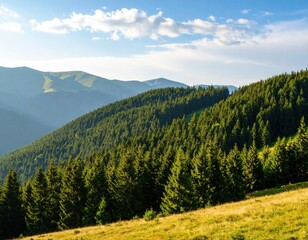 Obraz premium Breathtaking summer day in wild mountains with coniferous forest and green slopes.