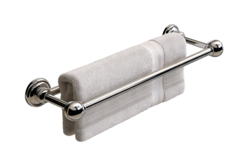 Minimalist wall-mounted towel rack in high resolution with sleek metallic design, isolated on transparent background in PNG format, ideal for digital interior design mockups and bathroom cutout