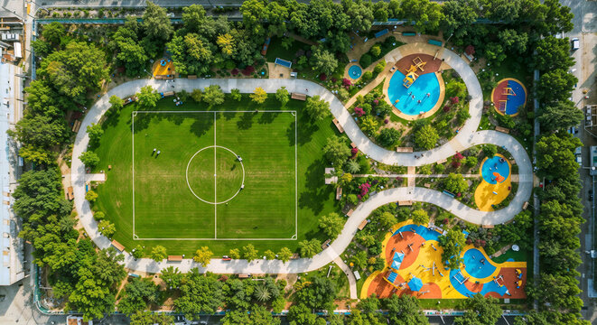 Vibrant Aerial View of Urban Park with Playground and Soccer Field