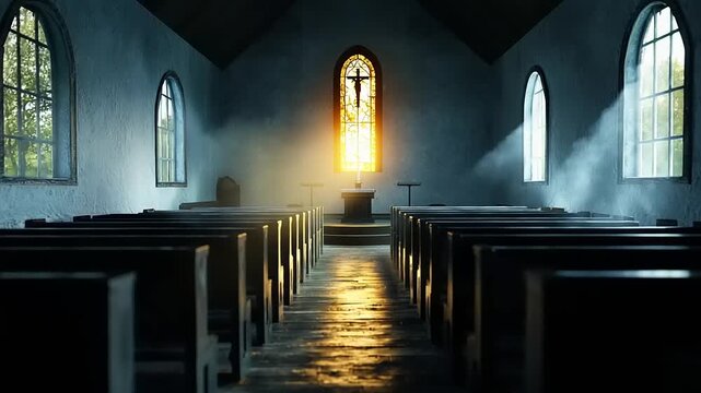 Interior of a church with sunlight streaming through stained glass window