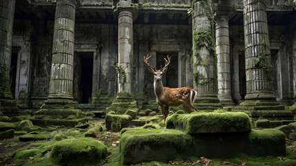 an ashen deer stands like a statue among carved stone and fallen columns