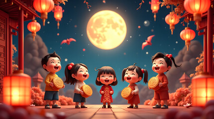Night-themed Mooncake festival banner illustration, commemorating and celebrating the end of the Chinese autumn harvest with cartoon diverse age 