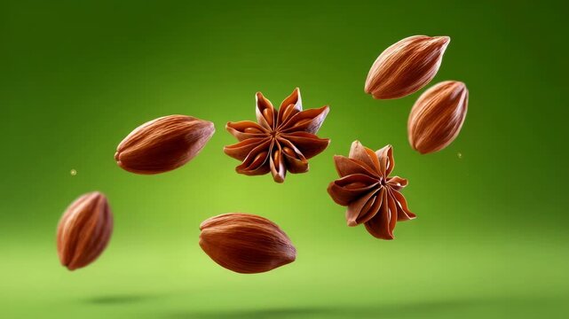 Floating Star Anise Pods Against a Vibrant Green Backdrop Showcasing Unique Shapes and Textures