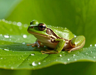 Obraz premium A green tree frog sits on a large leaf covered in water droplets, basking in the sunlight.
