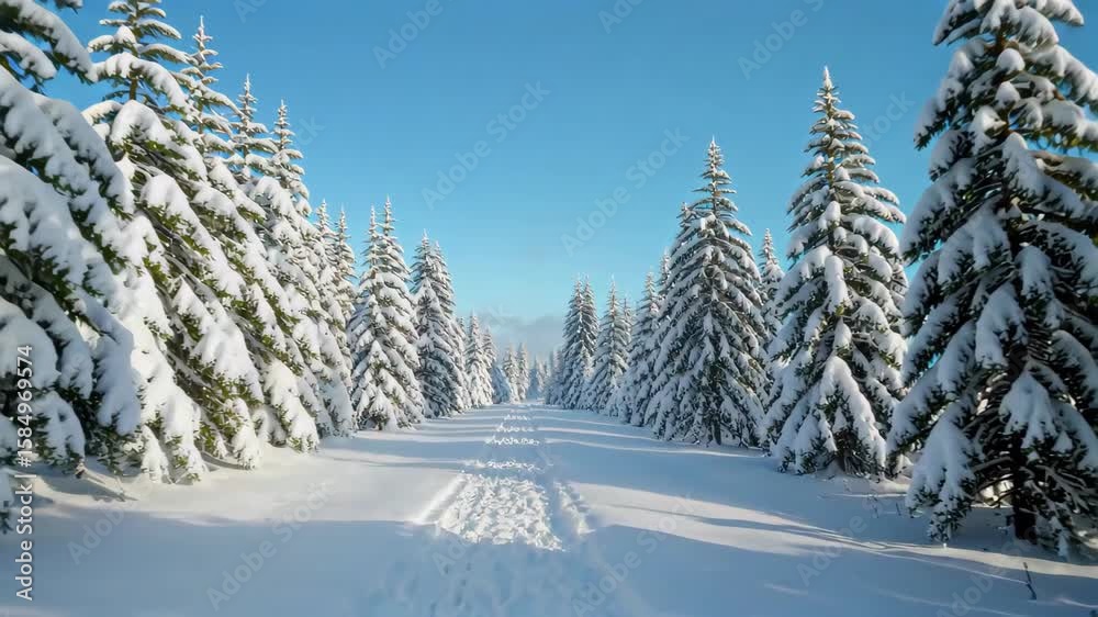 Wall mural arafed view of a snowy path through a forest with pine trees