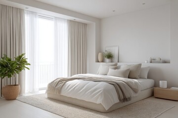 Fototapeta premium Minimalist bedroom with neutral tones and natural light from sheer curtains. bedroom with blackout curtains, white noise machine, neat bedding, peaceful early morning atmosphere