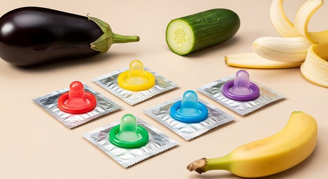 Colorful condoms with fruits and vegetables as a symbol of sexual diversity and reproductive health, Educational and informative sex guide with safe love and protection tips