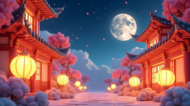 Night themed Mooncake festival banner illustration. To commemorate and celebrate the end of the autumn harvest ambience with Red Chinese building and moon with starry night  as background. 