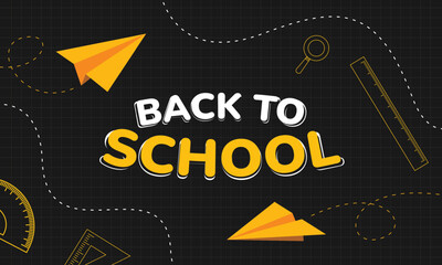 Back to school text banner design. Welcome to school background with school supplies. Vector illustration.