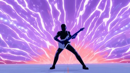 Silhouette of a Guitarist Performing Against a Vibrant Purple and Pink Explosion of Light