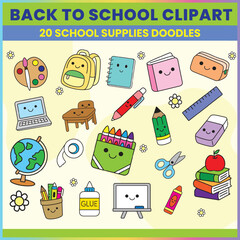 Cute school supplies doodle vector set with smiling faces. Includes crayon box, books, backpack, glue, globe, ruler, and more. Perfect for back to school and classroom decor.