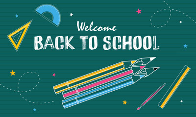 Back to school text banner design. Welcome to school background with school supplies. Vector illustration.