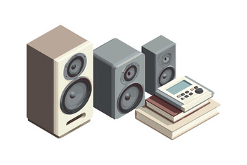 isometric illustration of modern speaker set with minimal flat design