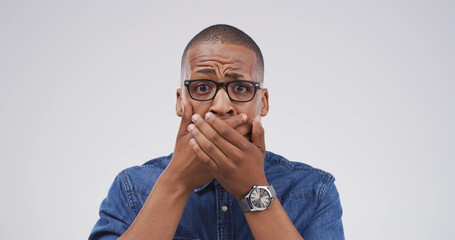 Portrait, surprised and man with reaction to news, studio or gasp for revelation of secret or...