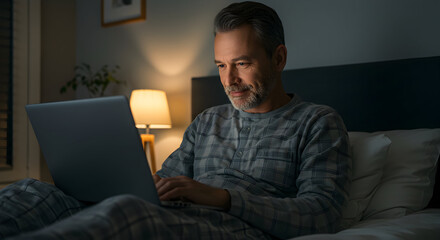 Adult man using laptop in dimly lit bedroom at night with warm lamp light creating a cozy atmosphere for work or entertainment or browsing online or relaxing at home