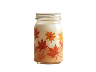 Glass Jar Candle with Autumn Maple Leaf Pattern Creamy Beige and Orange Hues isolated on a transparent background