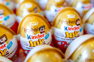 Fototapeta premium Kinder Joy Harry Potter Chocolate Surprise Eggs in Box. 