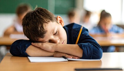 Sleepy schoolboy in class