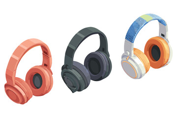 isometric set of modern headphones in different colors and styles