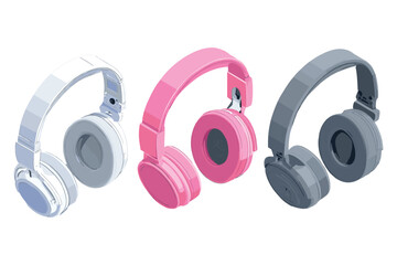isometric set of headphones in pastel and dark tones for audio listening