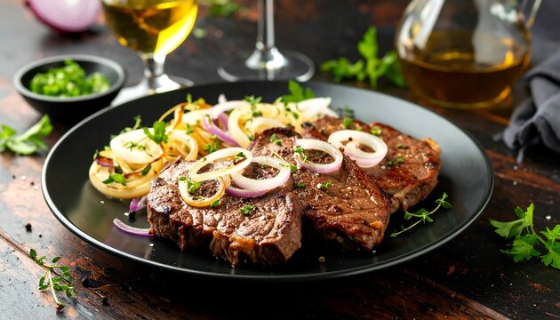 Delicious Bistec Encebollado steak on black plate