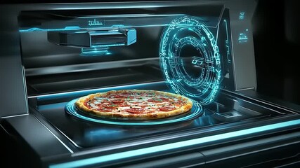Futuristic pizza oven with holographic interface. - Powered by Adobe