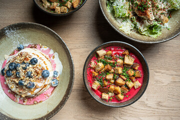 A vibrant and colorful food photography collection featuring healthy meals, refreshing drinks, gourmet salads, delicious desserts, and creative food platings. Perfect for use in culinary blogs.