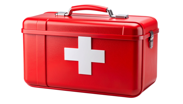 realistic product first aid kit box with red hard case with white cross isolated on pure white background subtle soft shadow clean studio lighting, ultra-high detail, PNG stock render white background