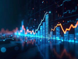 Financial growth and data analytics concept with futuristic stock market chart, glowing city skyline, and digital graphs